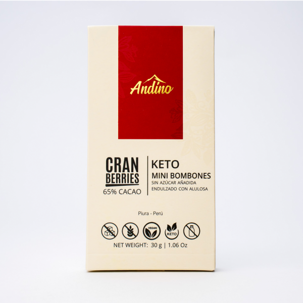 Minibombones de Chocolate Keto Andino 65% CRANBERRIES Alulosa Sin Azúcar 30g.